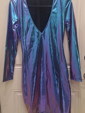 Iridescent Metallic Deep V Mini Dress - Blue Purple